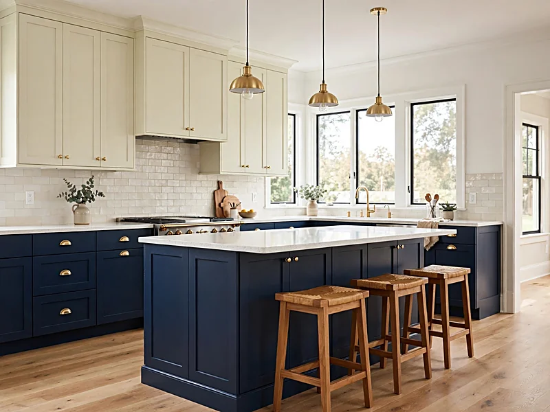 Navy blue kitchen island and lower cabinets with white countertops, pale backsplash tile, and wood stools.