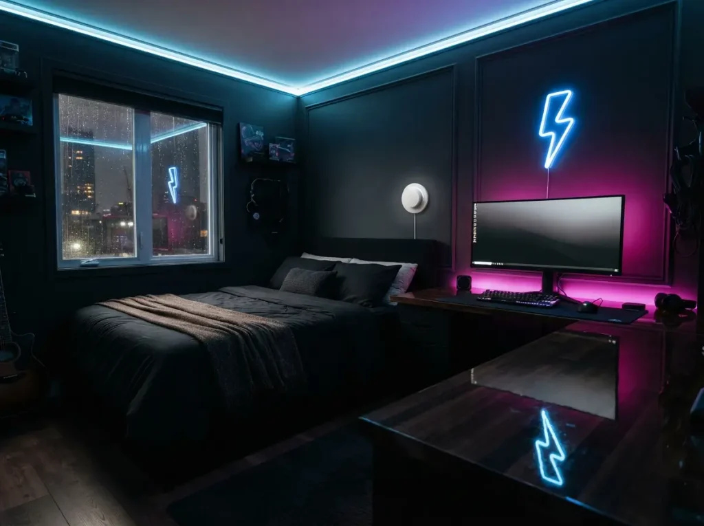 Neon cyberpunk bedroom with blue and magenta LED strips and a neon sign

