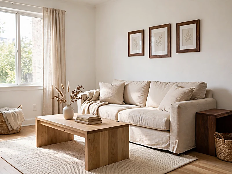 Neutral apartment living room with warm white walls, an oak coffee table, beige seating, and walnut picture frames.