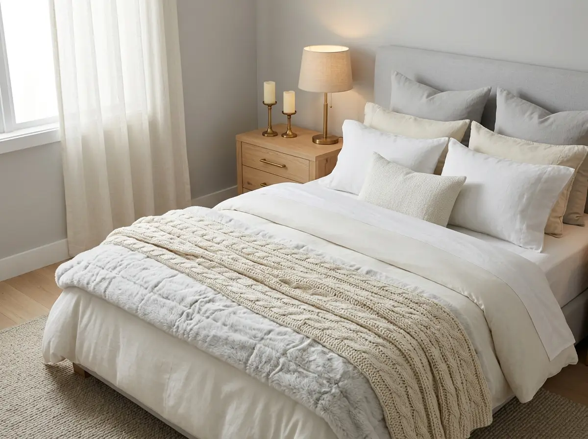 Neutral Christmas bedroom with cream knit throw, faux fur, cotton sheets, and brass candlesticks