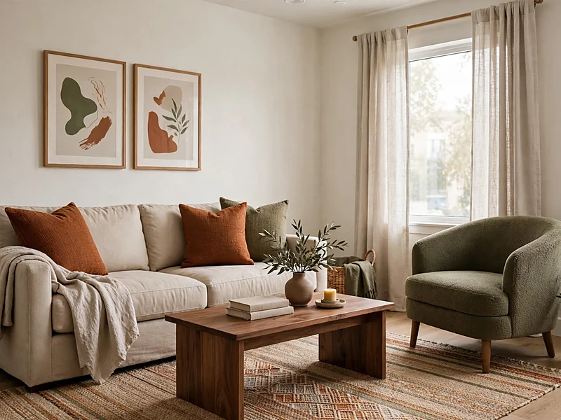 Neutral condo living room with rust-colored cushions, a green accent chair, a woven rug, and framed artwork.