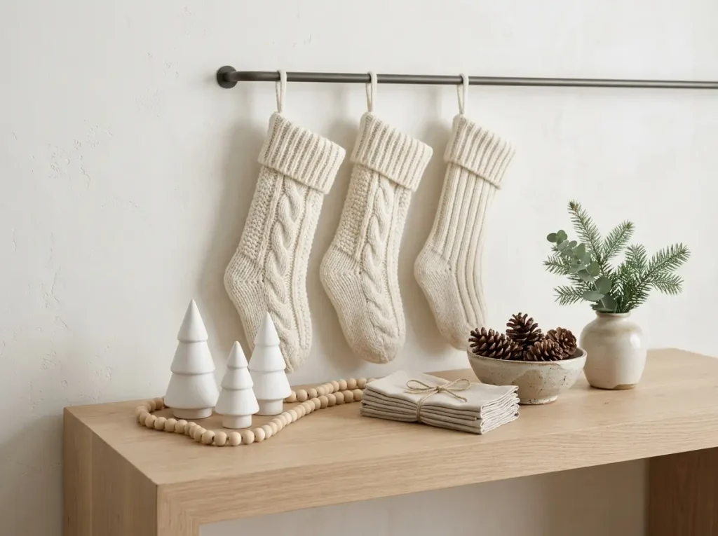 Neutral holiday decor with knit stockings, linen napkins, wood beads, and ceramic trees in white and oatmeal tones