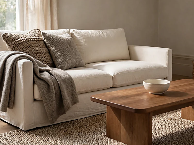 Neutral living room combining a cream linen sofa, textured rug, wooden coffee table, and soft wool blanket.