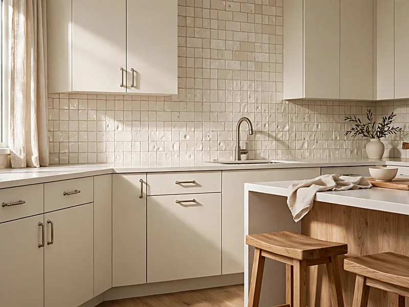 Neutral kitchen with cream cabinetry, textured ceramic backsplash, natural wood accents, and brushed metal fixtures.