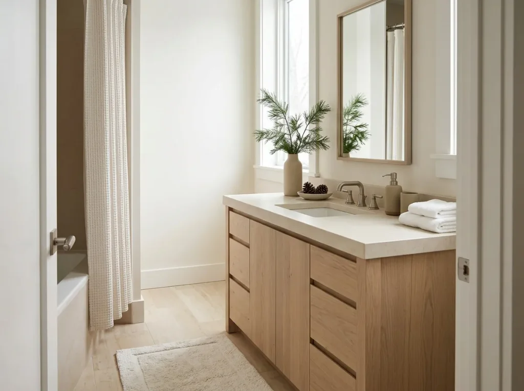 Neutral winter bathroom with white towels, evergreen branches, pinecones, and a cream bath mat.