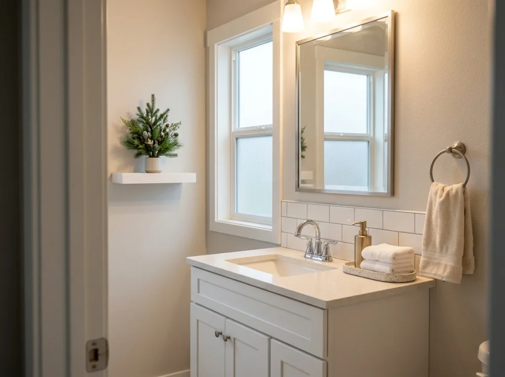 White guest bathroom with fresh hand towels, a gold soap dispenser, and greenery on a dry shelf.