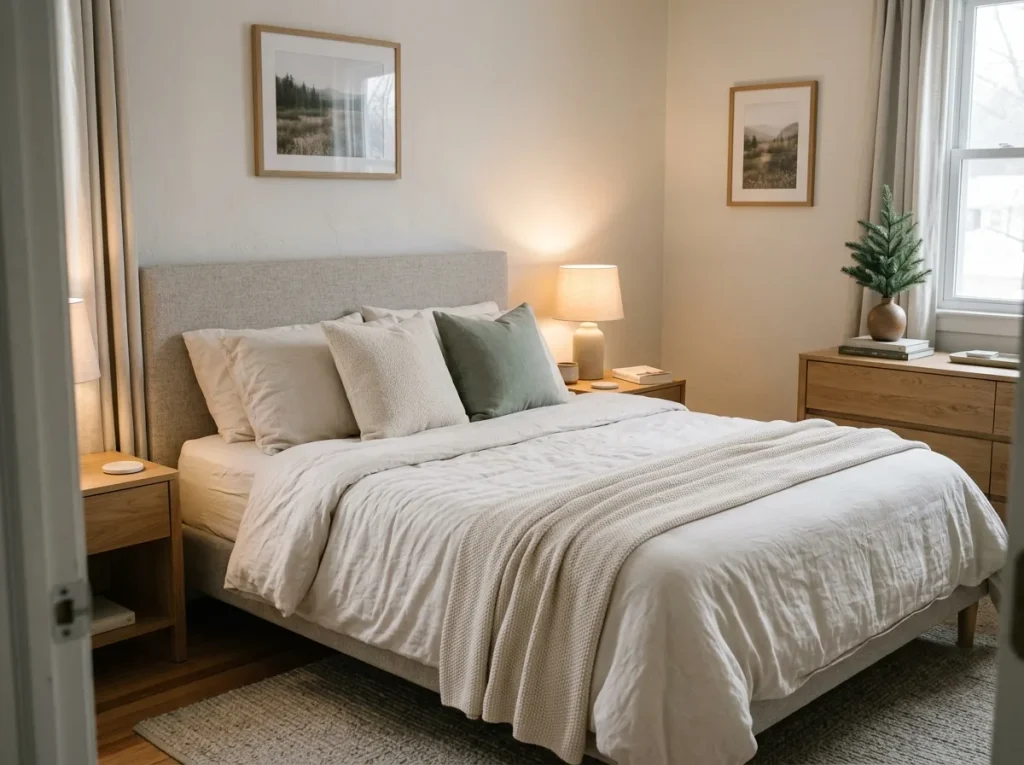 Neutral bedroom with cream bedding, soft throw, winter greenery, and warm bedside lighting.