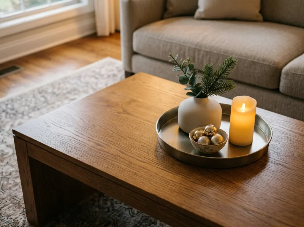 ak coffee table with a tray holding a low vase, metallic ornaments, and a flameless candle.