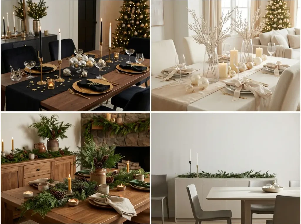 Four coordinated New Year decorating styles featuring black and gold, champagne white, winter greenery, and minimalist accessories.