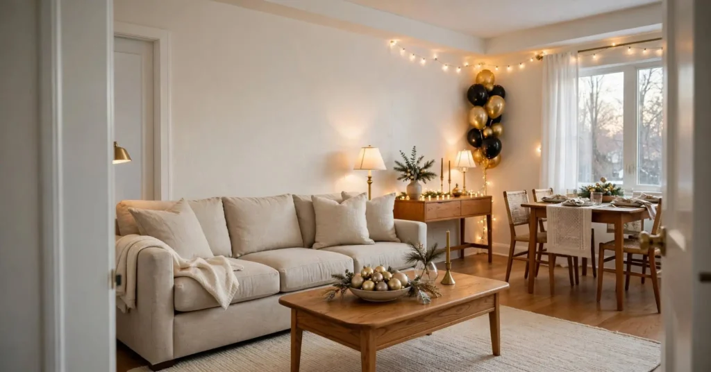 American living room decorated for New Year's Eve with gold accents, balloons, winter greenery, and warm lights.