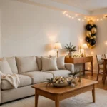 American living room decorated for New Year's Eve with gold accents, balloons, winter greenery, and warm lights.