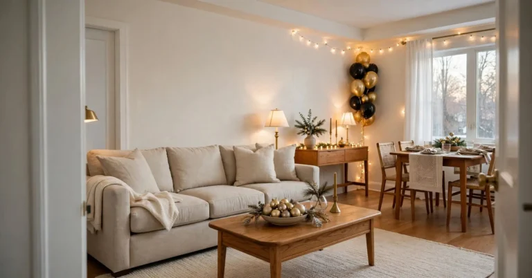 American living room decorated for New Year's Eve with gold accents, balloons, winter greenery, and warm lights.