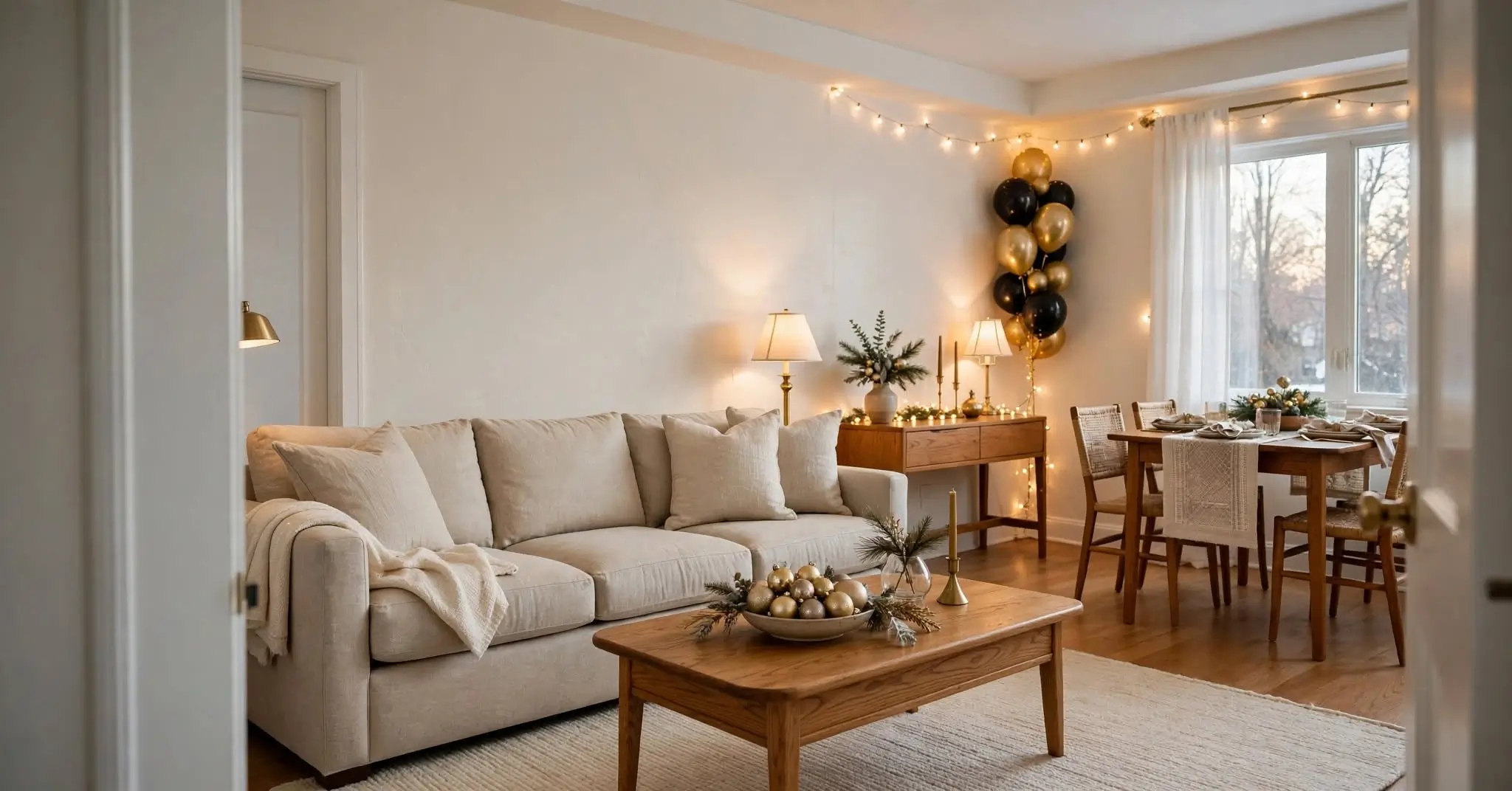 American living room decorated for New Year's Eve with gold accents, balloons, winter greenery, and warm lights.