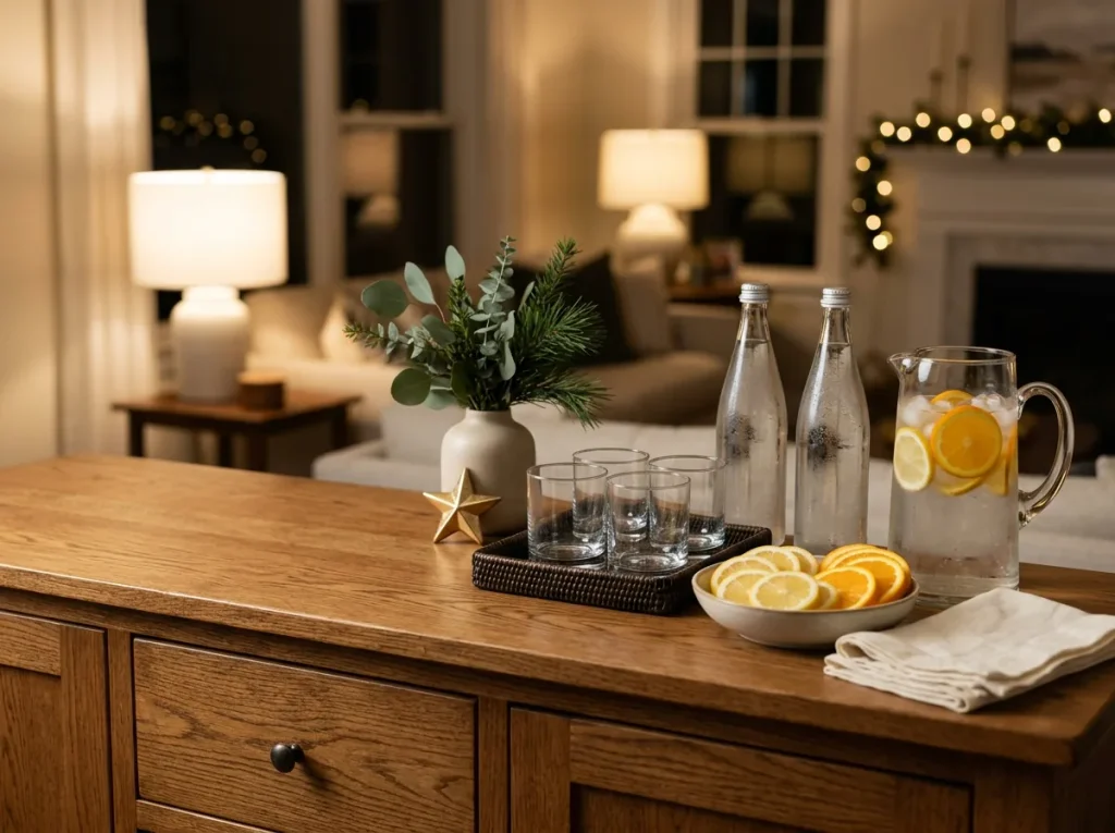 Small New Year's Eve drink station with sparkling water, glasses, citrus garnishes, and gold accents.