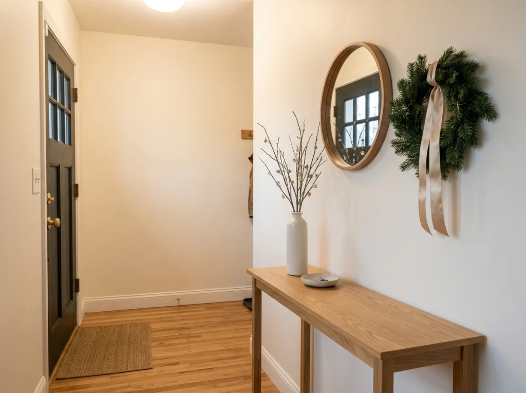 Narrow American home entryway with winter branches in a vase, a key dish, and a wreath with champagne ribbon.