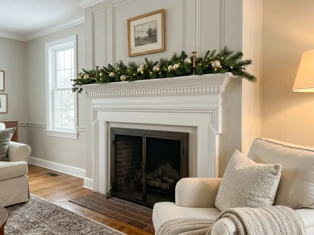White fireplace mantel decorated with artificial greenery, gold ornaments, and warm battery-operated lights.