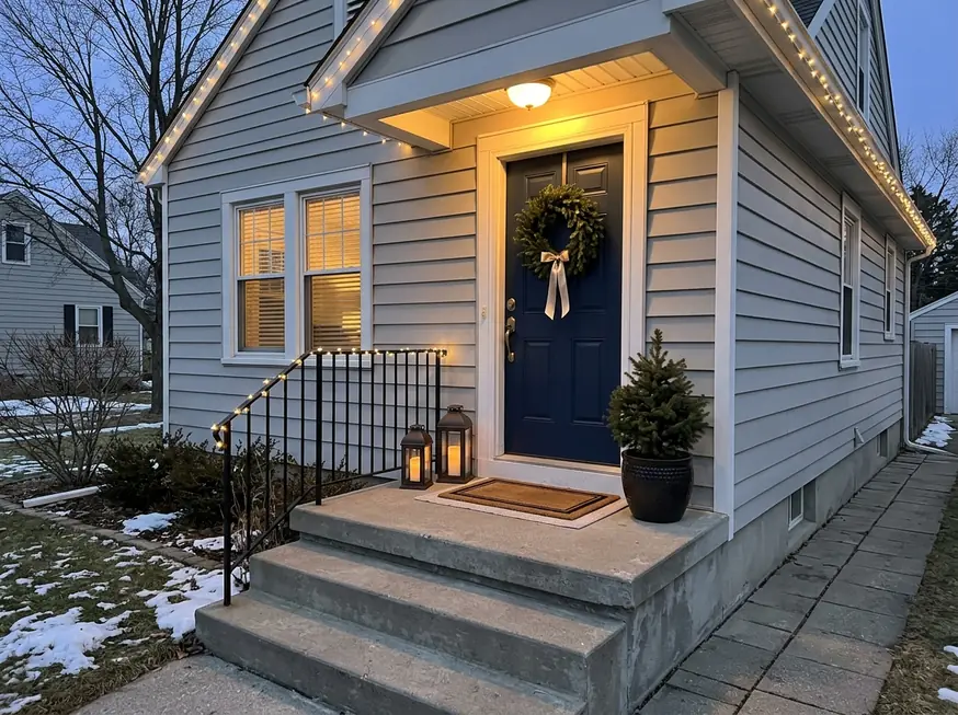 American front porch with an evergreen wreath, champagne ribbon, and two outdoor lanterns beside the door.