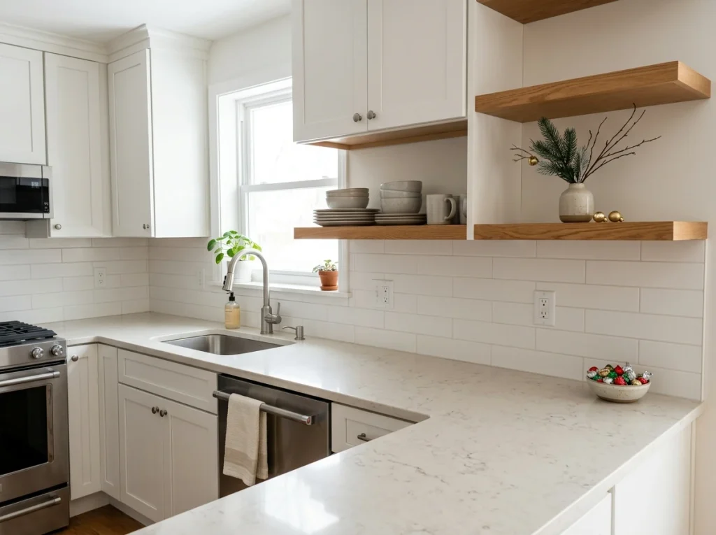 White American kitchen with a small winter greenery vase on an open shelf and a clear countertop.