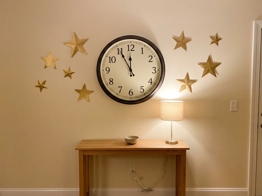 Large decorative clock above a console table with gold paper stars for a New Year's Eve countdown display.