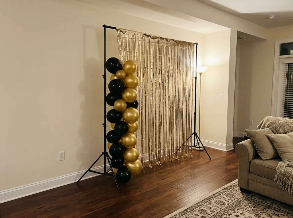 Small New Year's Eve photo corner with gold fringe, black balloons, and a standing lamp.