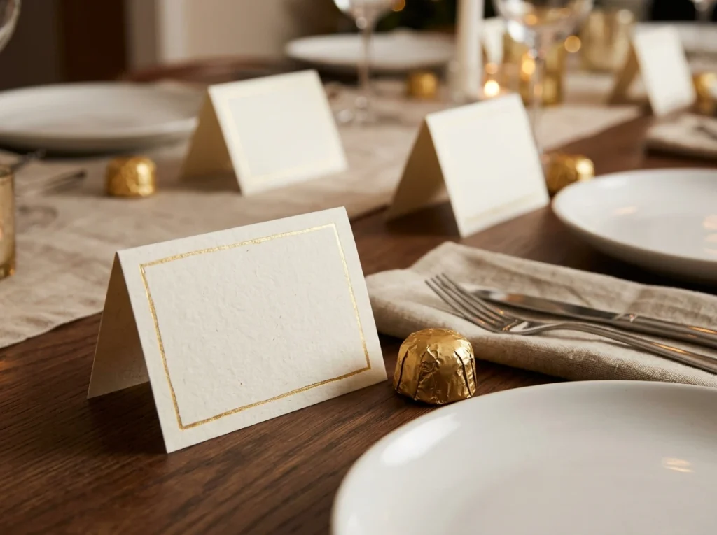 Folded cream place cards with gold trim and small wrapped party favors beside white dinner plates.