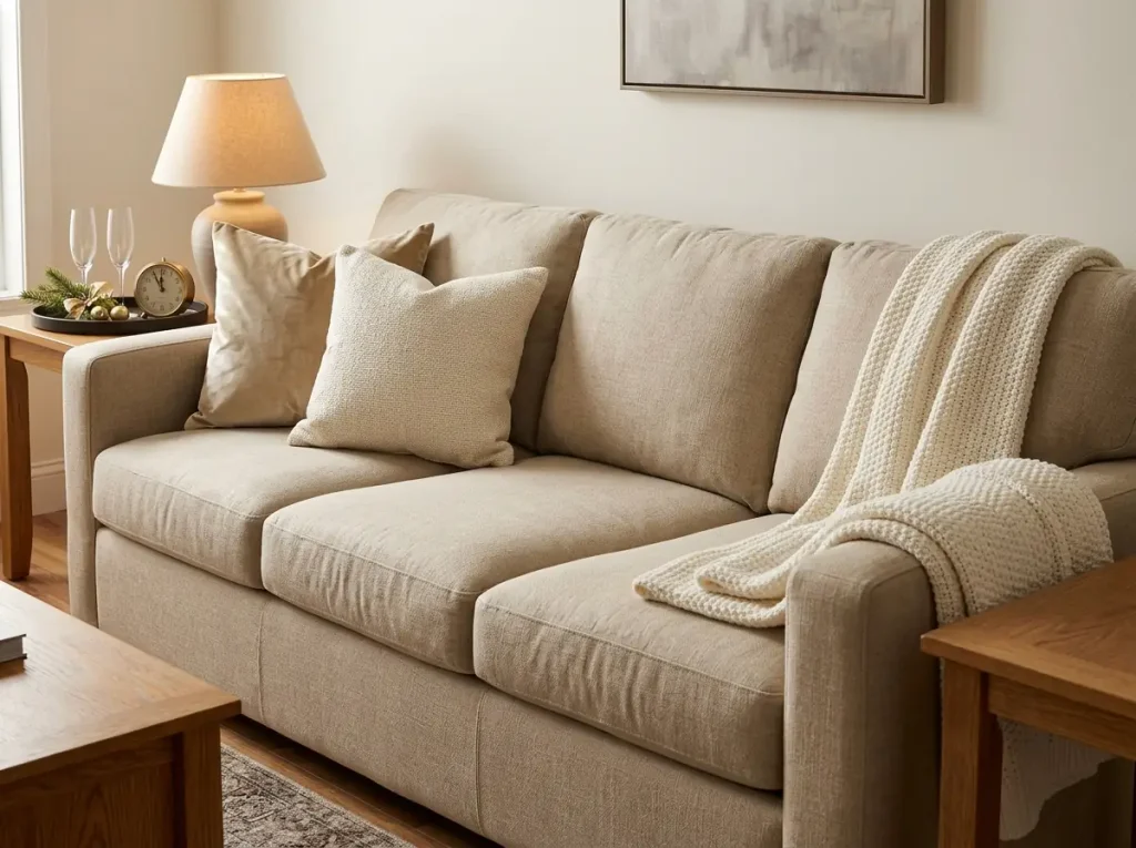 Beige living room sofa with gold and cream throw pillows and a soft blanket for New Year's Eve.