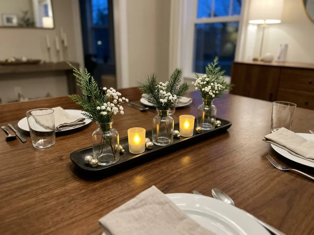 New Year's Eve dining table centerpiece with three short vases, winter branches, and flameless candles.