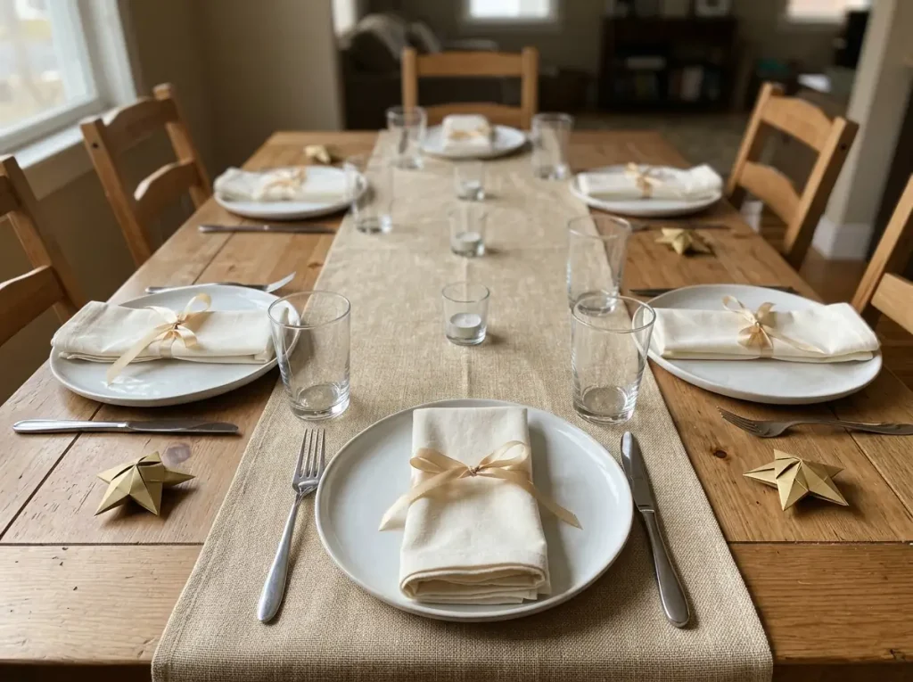 New Year's Eve table setting with a champagne runner, white plates, and cloth napkins tied with gold ribbon.
