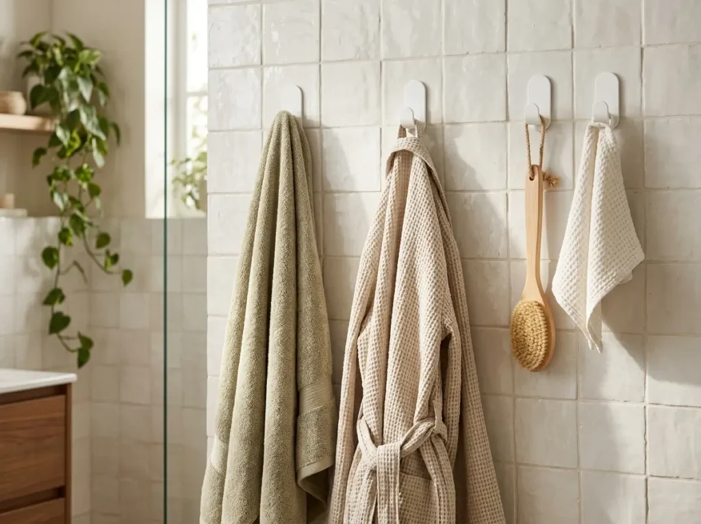 Three white adhesive hooks holding a towel and robe on bathroom tile
