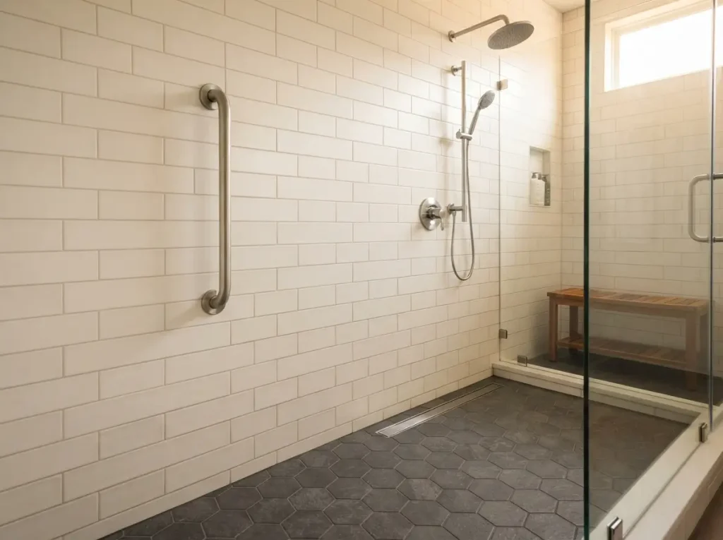 Matte nonslip porcelain floor tile and a stainless steel grab bar in a shower