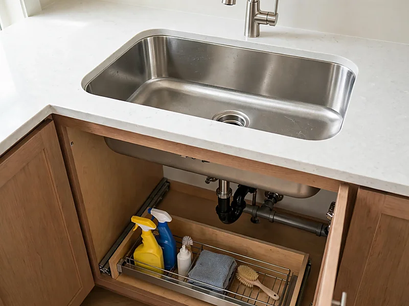 Stainless steel kitchen sink with a rear-offset drain above an open cabinet containing plumbing and a pull-out organizer.