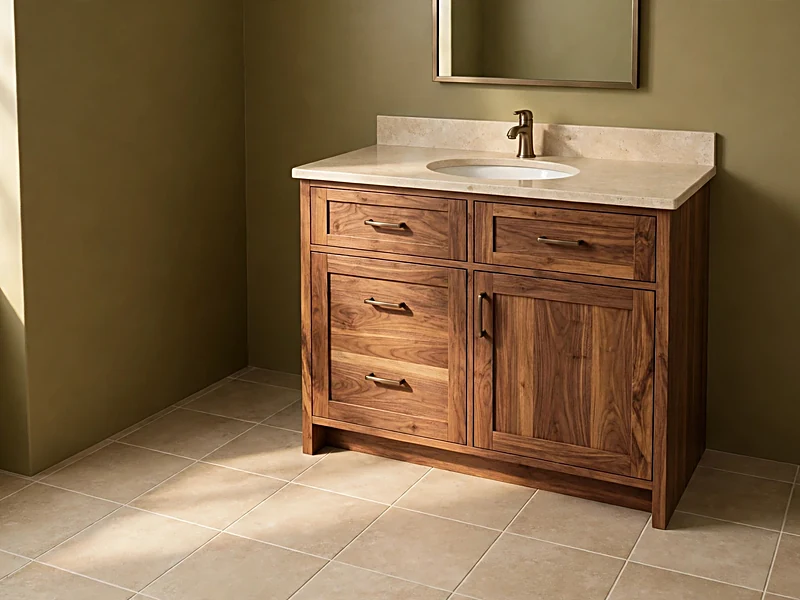 Olive green bathroom with walnut vanity, cream countertop, and beige floor tiles.