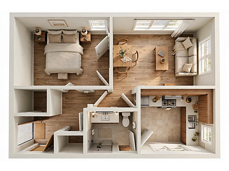 Overhead one-bedroom apartment layout showing a separate bedroom, living room, compact dining area, and furniture placement.