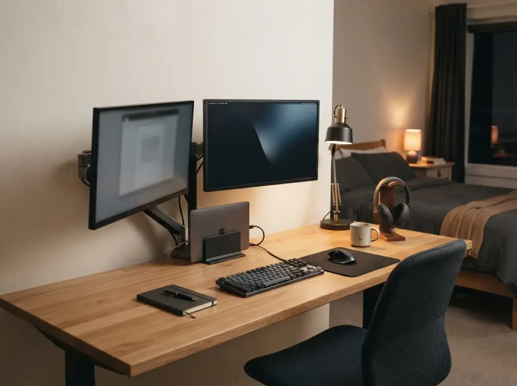 One wide desk for work and gaming with a monitor arm on each side and the work screen swung away
