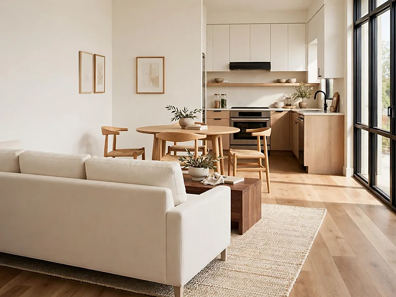 Open condo layout with a sofa separating the living area from a dining table and an area rug defining the seating space.