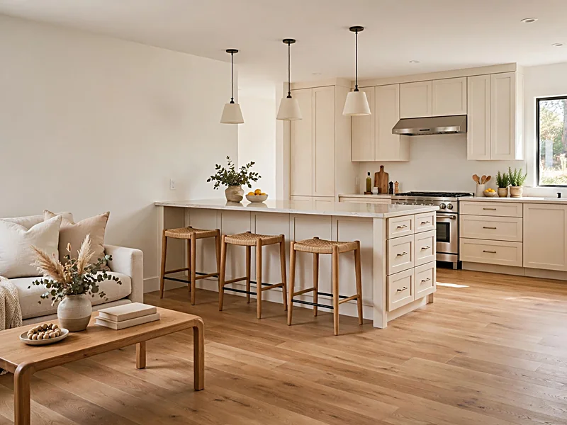 Open-concept kitchen with a central island separating the cooking area from the adjoining living room.