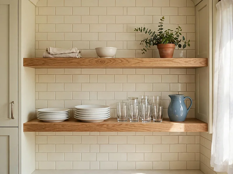 Natural wood kitchen shelves displaying white plates, clear glasses, and a blue ceramic pitcher.