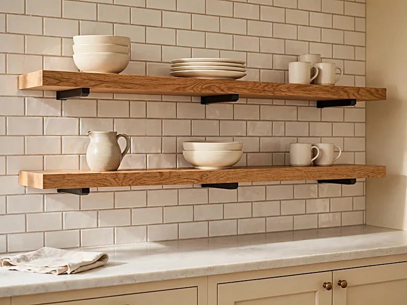Natural oak kitchen shelves holding cream plates, ceramic mugs, and everyday dishes.