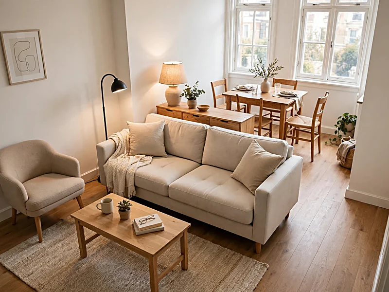 Open-plan apartment with a sofa and area rug defining the living space beside a separate dining table.