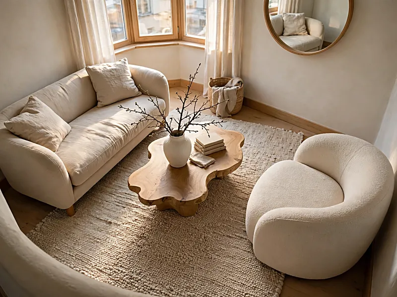 Organic modern apartment with a curved neutral chair, oak table, textured rug, and rounded wall mirror.