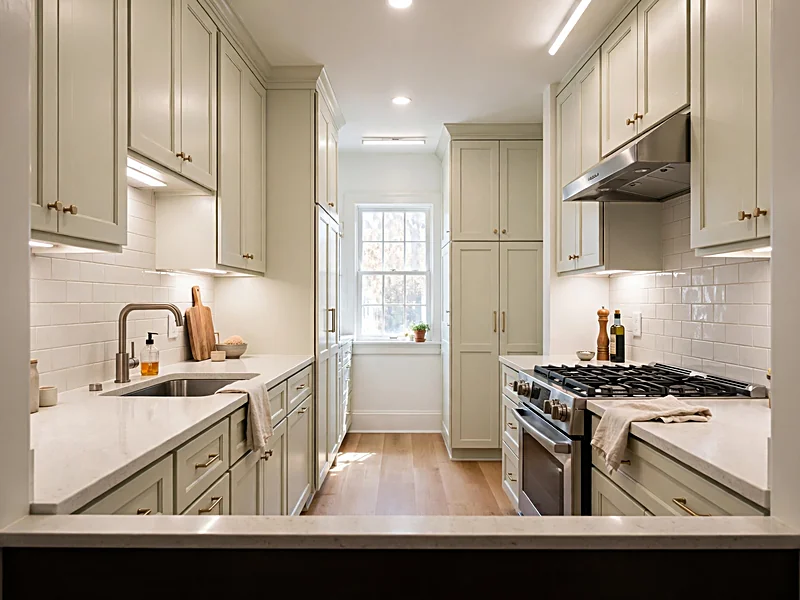 Organized galley kitchen with two facing countertop runs, white cabinetry, and a clear central walkway.