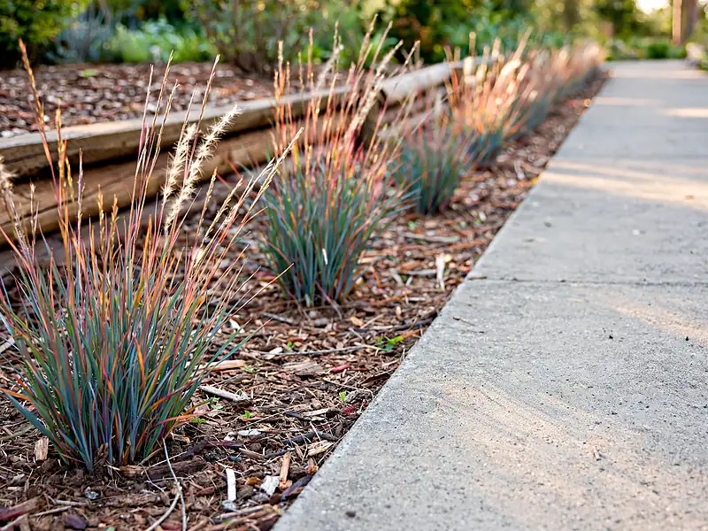Repeated clusters of little bluestem grass growing beside a modern concrete garden walkway.