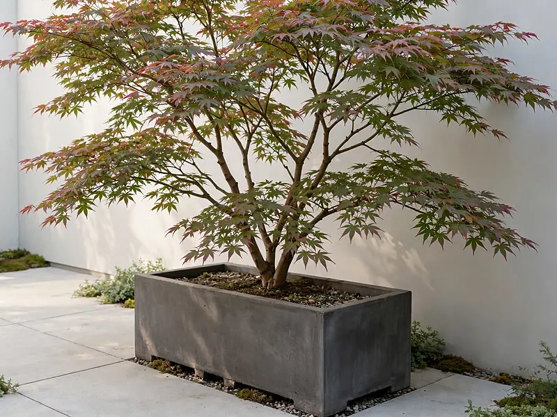 Small ornamental Japanese maple serving as the focal point of a minimalist courtyard.