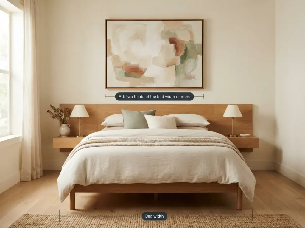 Large abstract artwork centered above a made bed, about two thirds as wide as the bed or more
