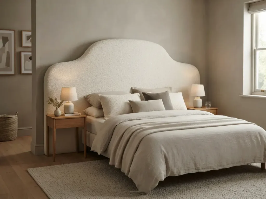 Oversized cream upholstered headboard taller and wider than the mattress as a bedroom focal point

