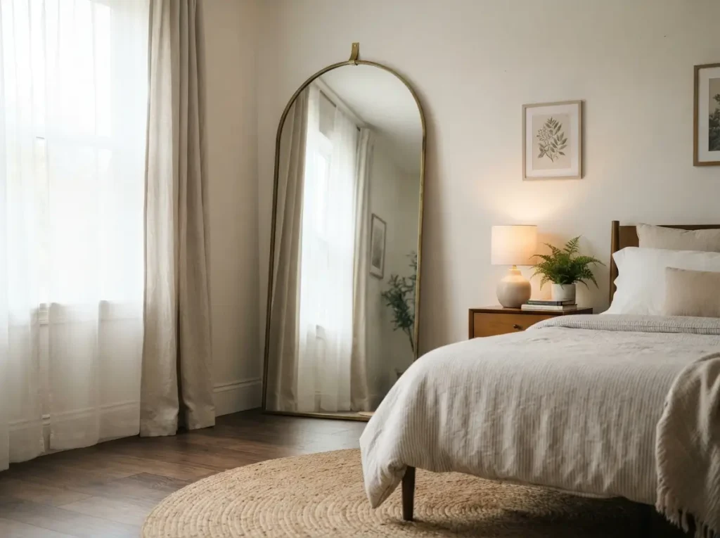 Large leaning floor mirror facing a bedroom window and reflecting daylight into the room
