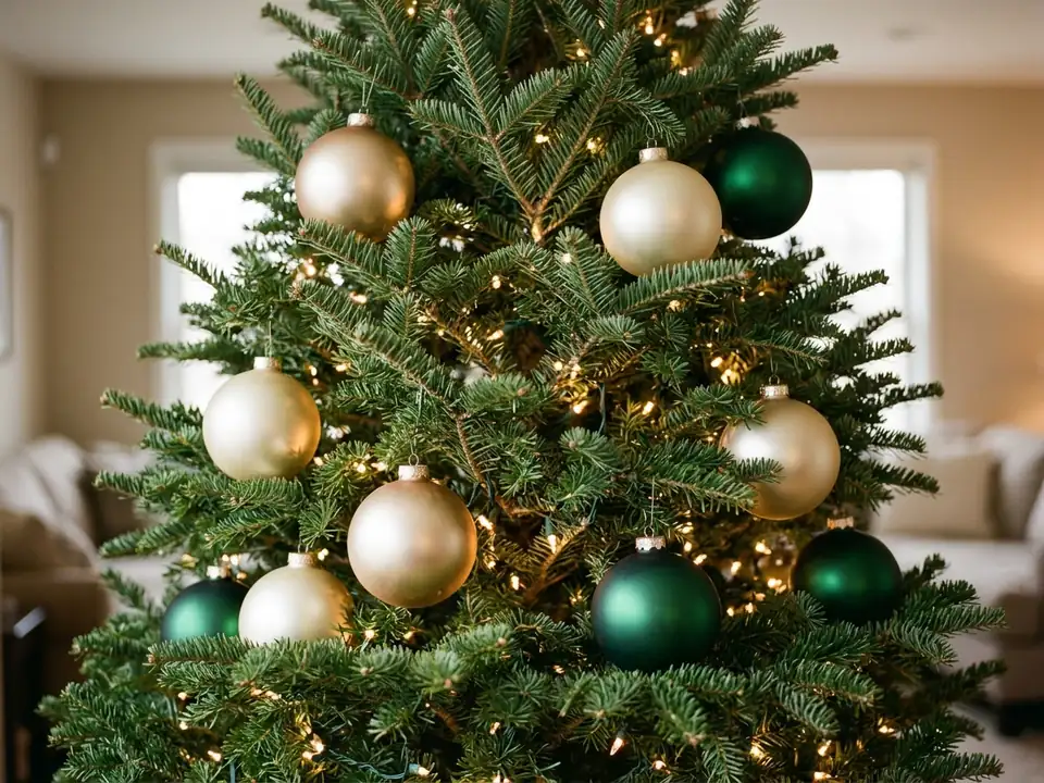 Christmas tree with oversized gold and cream ornaments hung deep in the branches
