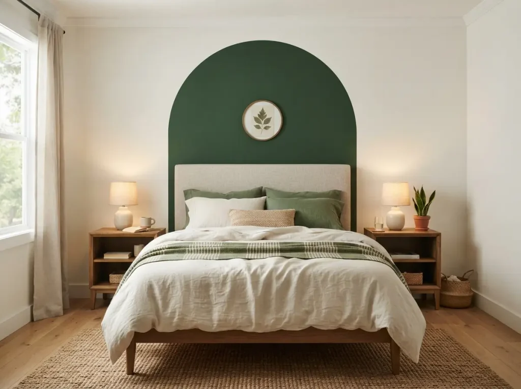 Deep green painted arch behind a bed on a warm white wall, a few inches wider than the headboard
