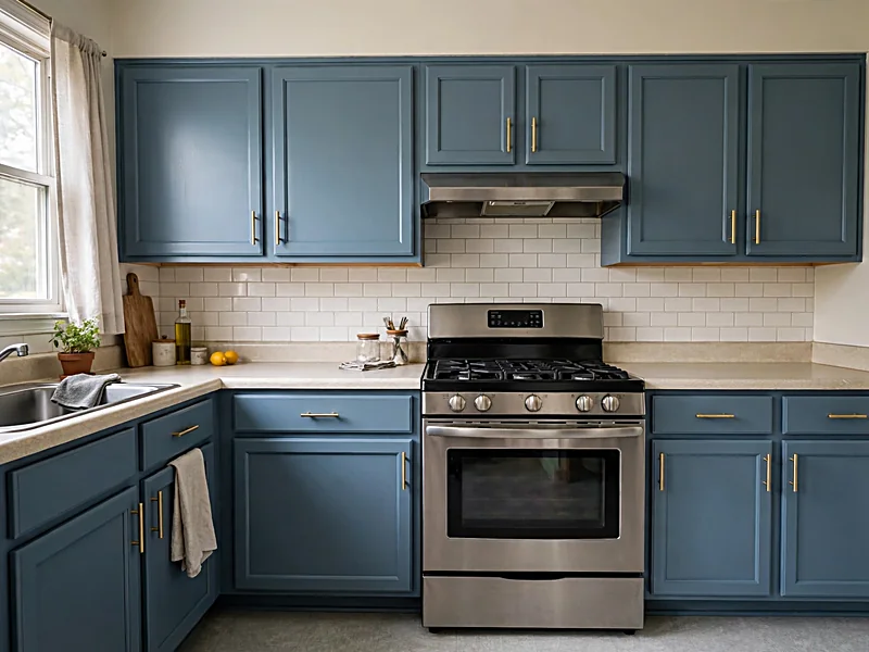 Refreshed kitchen with soft blue painted cabinets, new brushed brass pulls, and existing light countertops.