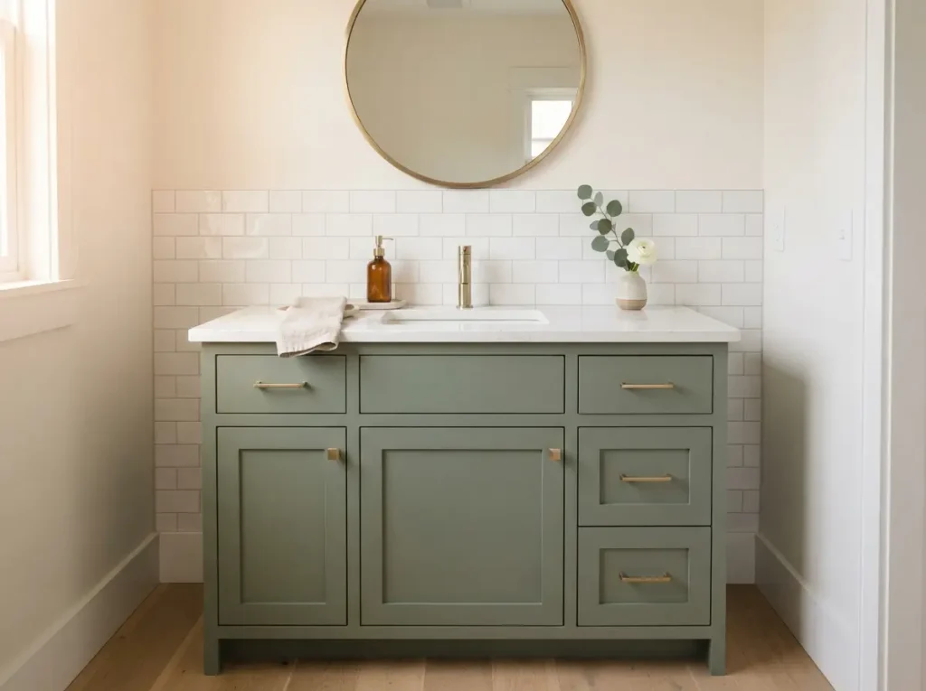 Sage green painted bathroom vanity with brass pulls and white quartz top

